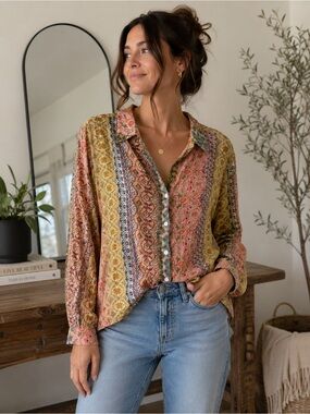 EsQualo Boho Patchwork Print Crinkle Button Up Blouse Women 10 Multicolor Flowy